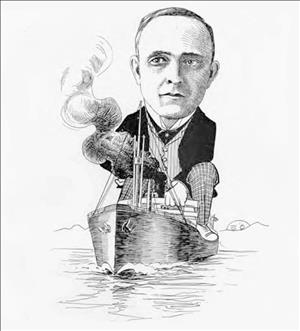 Illustrated caricature of a giant man in a three piece suit and plaid pants straddling a steam ship on the ocean