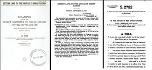 A document entitled Return Land to the Quinault Indian Nation. Hearing before the Select Committee on Indian Affairs, United States Senate. 