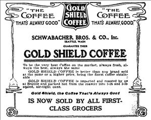 Black and white ad with the motto "The coffee thats always good" with illustrations of steaming cups on the borders