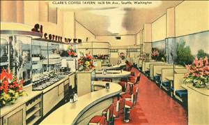 Color postcard of diner counter interior reading "Clark's Coffee Tavern, 1628 5th Ave. Seattle, Washington"