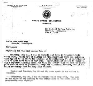 A report describing it as unfortunate that black enrollees are part of the civilian conservation corps crew at Millersylvania. The document has the washington state seal at the top. 