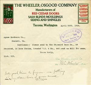 Red and green lettering on aging paper. Text says The Wheeler Osgood Company Manufacturers of Red Cedar Doors Sash Blinds Mouldings Siding and Shingles Tacoma Washington