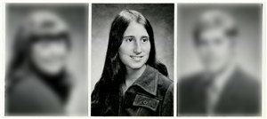 Three yearbook photos in a row. The center person is smiling. The other two are blurred out. 